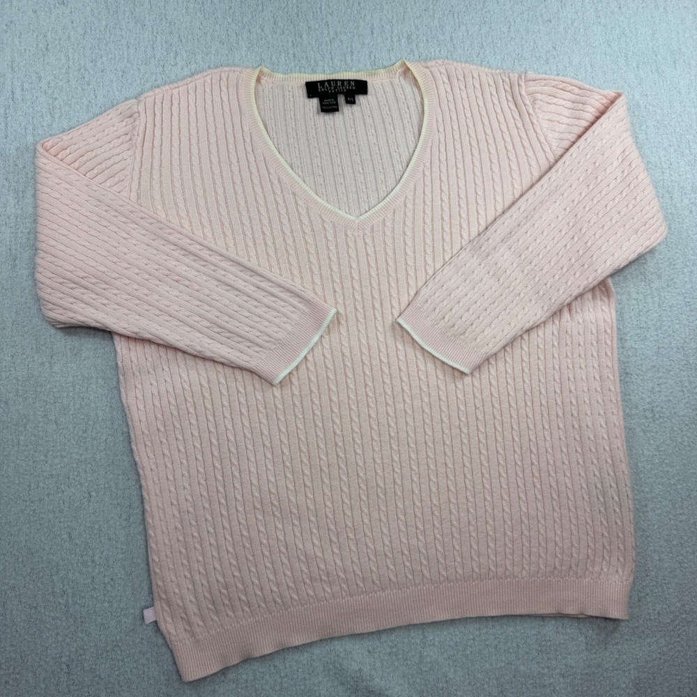 Vintage Lauren Ralph Lauren Pink Cable Knit V-Neck Sweater Petite Small Cotton